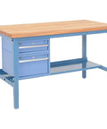 Heavy Duty 72 Inch Workbench With 30 Inch Deep Maple Top And Rugged Steel Frame, featuring drawer storage in blue finish.