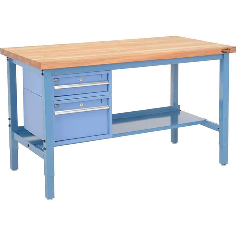 Heavy Duty 72 Inch Workbench With 30 Inch Deep Maple Top And Rugged Steel Frame, featuring drawer storage in blue finish.