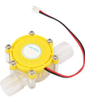Compact 12V Hydroelectric Water Flow Generator For Tiny Water Pumps And Micro Turbines, Portable DIY Renewable Power Kit For Off Grid Energy Harvesting And Eco Friendly Home Projects, close-up view of yellow and clear plastic water flow generator with wires