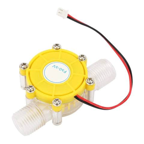 Compact 12V Hydroelectric Water Flow Generator For Tiny Water Pumps And Micro Turbines, Portable DIY Renewable Power Kit For Off Grid Energy Harvesting And Eco Friendly Home Projects, close-up view of yellow and clear plastic water flow generator with wires