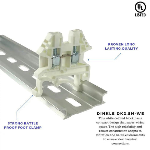 Close-up of DK2.5N-WE DIN Rail Terminal Block Screw Type White UL 600V 20A 12-22AWG Compact Wiring Block installed on rail.