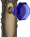 Old School Victorian Plate Passage Waldorf Cobalt Door Knob Set In Antique Brass Finish with Crystal Knobs for Closets
