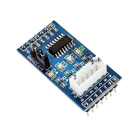 Blue ULN2003 driver board for 28BYJ-48 geared stepper motor, 5V DC, Arduino-compatible with white 5-pin header.
