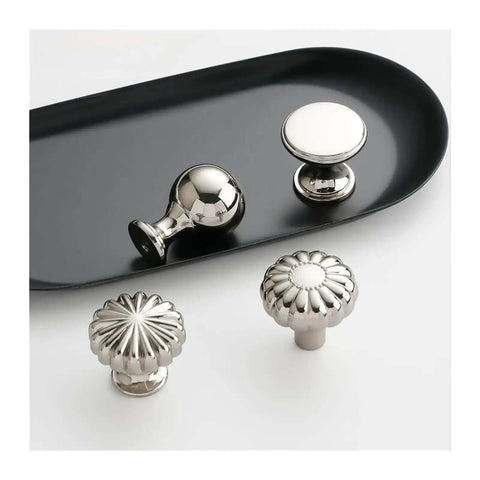 Titanium Silver Zinc Alloy Cabinet Door Handle Set for Cupboard and Wardrobe Pulls, Single Hole Drawer Knob, Model 6197 on display
