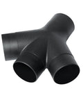 Three Way Dust Collection Fitting For 4 Inch Hose And Cuff One Pack Black Lets You Connect Up To Three Tools To One Portable Dust Collector Without A Big Piping Setup, shown in ABS plastic with three openings.