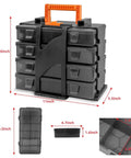 Black organizer with 4x12 compartments, clear drawers, removable dividers, and orange handle, ideal for crafts and DIY storage.