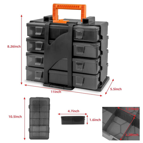 Black organizer with 4x12 compartments, clear drawers, removable dividers, and orange handle, ideal for crafts and DIY storage.
