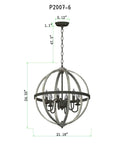 Farmhouse Globe Pendant Light Chandelier With Oak White And Oil Rubbed Bronze, Rustic Retro Ceiling Fixture With Six Lights