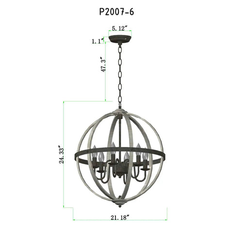 Farmhouse Globe Pendant Light Chandelier With Oak White And Oil Rubbed Bronze, Rustic Retro Ceiling Fixture With Six Lights