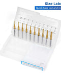 Front view of LUNYEE 40-piece end mill set in a clear plastic case, showing 1/8" shank CNC router bits with ER11/ER16 collets, gold-coated.