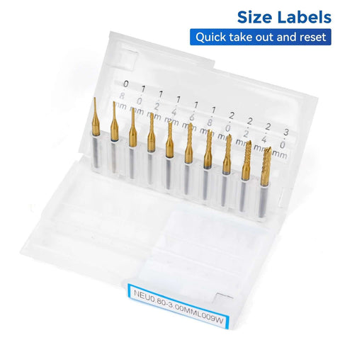 Front view of LUNYEE 40-piece end mill set in a clear plastic case, showing 1/8" shank CNC router bits with ER11/ER16 collets, gold-coated.