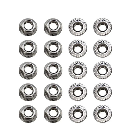 20 M8 X 1.25mm Serrated Flange Nuts DIN6923 304 Stainless Steel in a grid, hex lock design for industrial use.