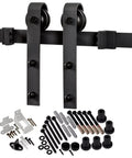Barn Door Kit With Hardware For 84 By 84 Inch MDF Door, matte black track and joiner system components, Frosted Collection.