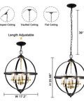 Rustic Black And Gold Finish Four Light Globe Pendant Chandelier With Glass Covers Vintage Hanging Ceiling Light dimensions