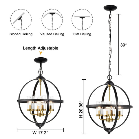 Rustic Black And Gold Finish Four Light Globe Pendant Chandelier With Glass Covers Vintage Hanging Ceiling Light dimensions