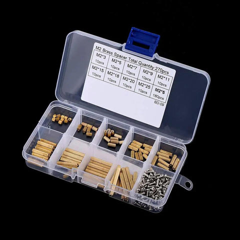 Brass Female Spacers And Screws Assortment Kit 270 Piece Hardware Set In Durable Waterproof Rustproof Brass With Organized Plastic Storage Box Pro Grade, open box with M2 brass spacers and screws