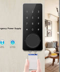Heavy Duty Smart Door Lock With Smooth Touch Screen Keypad And Plug And Play Keyless Entry Kit featuring fingerprint pad and emergency power supply.