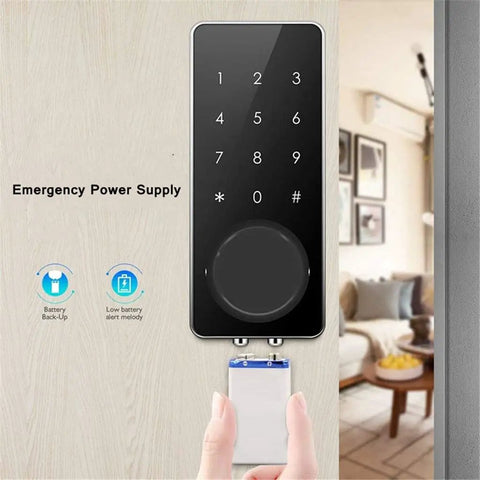 Heavy Duty Smart Door Lock With Smooth Touch Screen Keypad And Plug And Play Keyless Entry Kit featuring fingerprint pad and emergency power supply.