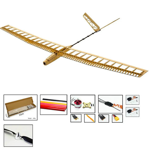 Uzi Glider RC Plane Kit 1.4M Laser Cut Balsa Wood Sailplane With Motor ESC Servos And Covering components overview