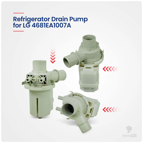 AC Motor Assembly Pump for LG Appliances 4681EA1007A Replacement Part shown in three angles.