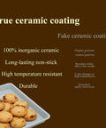 Comparison of true ceramic coating and fake ceramic coating with cookies on a tray. Product focus: Ceramic Nonstick Baking Sheet For Oven Cookin 15x10 Inches Durable Aluminum Tray With PTFE And PFOA Free Coating Perfect For Cookies Vegetables Bacon And Pies Easy Release And Quick Cleanup.