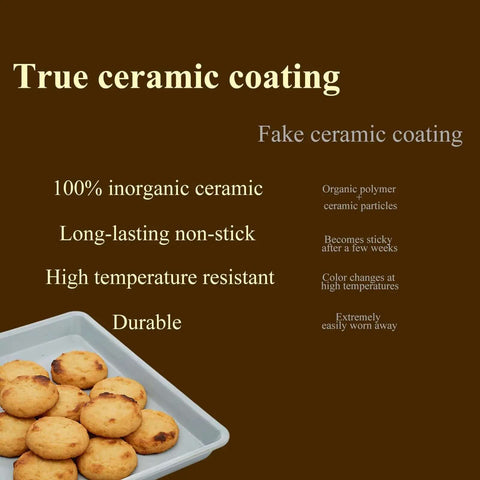 Comparison of true ceramic coating and fake ceramic coating with cookies on a tray. Product focus: Ceramic Nonstick Baking Sheet For Oven Cookin 15x10 Inches Durable Aluminum Tray With PTFE And PFOA Free Coating Perfect For Cookies Vegetables Bacon And Pies Easy Release And Quick Cleanup.