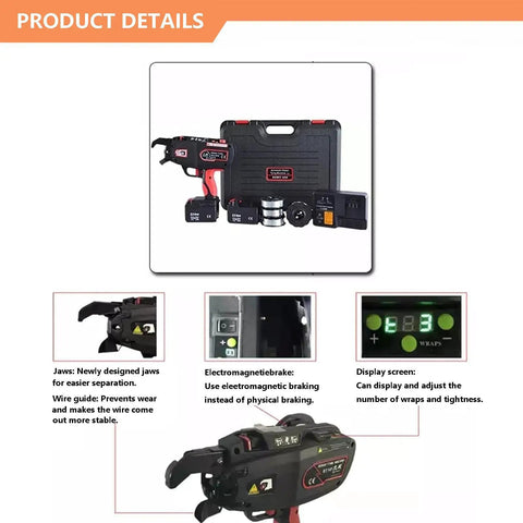Heavy-Duty Rebar Tying Machine With Battery And Charger for Steel Ironing 4-45mm Bars, includes battery, wire spools, and tool case.