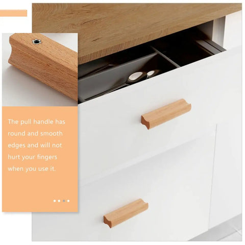 Slick Beech Wood Cabinet Pulls Set Of 4 With 96mm Hole Spacing Drawer Handles for wardrobe doors, lacquer finish, easy install.