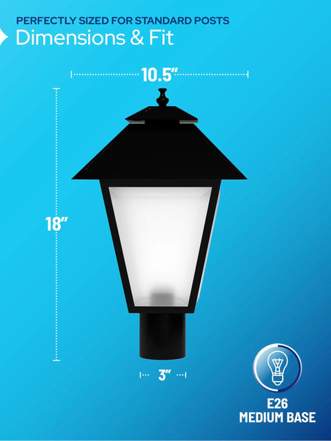 Outdoor Post Light Fixture Fits 3 Inch Lamp Posts With E26 Base Waterproof Lantern Anti Rust Durable Yard Pathway Driveway Black