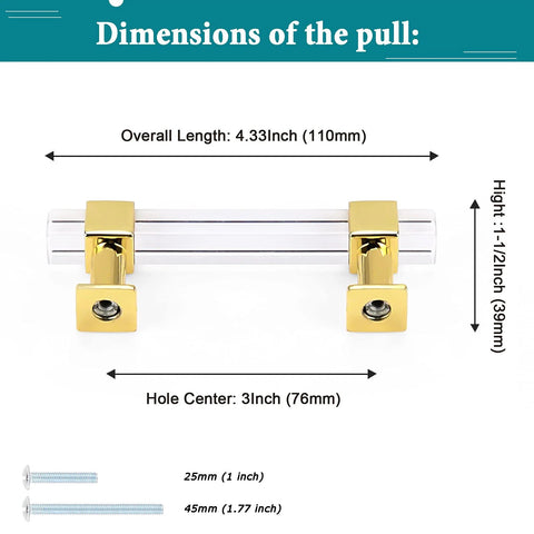 10 Pack 3 Inch Center To Center Cabinet Handles With Clear Acrylic Square Tube And Gold Finish Zinc Alloy Base With Dimensions