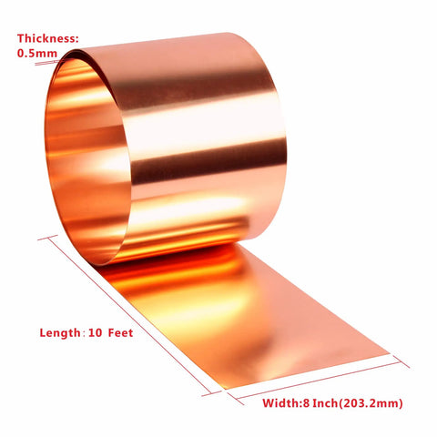 Copper Flashing Roll Nearly 100 Percent Pure Copper 16 Oz 24 Gauge Zero Point Five Millimeter Thick 8 Inch Wide By 10 Foot Long RoHS Compliant Pro Grade For DIYers, showing rolled copper sheet with dimensions marked.