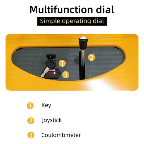 ApolloLift Semi-Electric Pallet Stacker 3300 Lbs Capacity 118 Inch Max Lift Height control panel with key, joystick, and coulommeter.