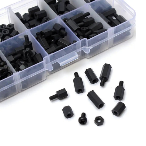 Black Nylon Hex Standoff Screws Nuts Kit 300 Pieces Insulated Spacer Columns Heavy Duty Corrosion Resistant High Temperature Fasteners For Electronics DIY Projects Home Office Use And More. black nylon hex standoff screws and nuts in organizer box