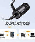 XLR Dynamic Podcast Microphone With Cardioid Pickup, Built In Double Layer Pop Filter, connected to audio interface and laptop.