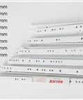 Stacked white full extension drawer slides 12 inch for cabinets and dressers, smooth quiet operation, various sizes labeled in inches.