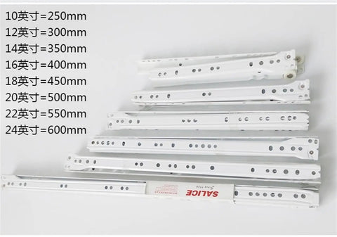 Stacked white full extension drawer slides 12 inch for cabinets and dressers, smooth quiet operation, various sizes labeled in inches.
