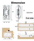 2 Pack Hidden Door Hinges For 6 Inch Doors With 3 Way Adjustable Concealed Hinges Zinc Alloy For Slick Invisible Doors And Feature Walls 180 Degree Swing Silver dimensions and cut size diagram