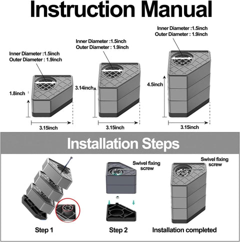 4-piece anti-vibration pads for washing machine, gray plastic, with installation steps diagram