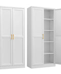 White Metal Pantry Cabinet 71 Inch Tall Kitchen Storage Organizer With Doors And Four Adjustable Shelves Two Gold Handles