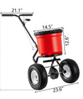 90 Pound Broadcast Spreader Walk Behind For Lawn Care And Yard Maintenance with 12.5 inch pneumatic wheels, red hopper