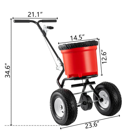 90 Pound Broadcast Spreader Walk Behind For Lawn Care And Yard Maintenance with 12.5 inch pneumatic wheels, red hopper