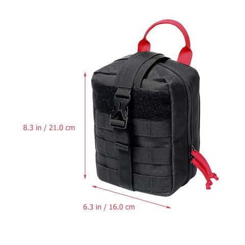 Multifunctional Camping Waist Pack Lightweight Black Utility Bag with red handle and zipper, dimensions shown