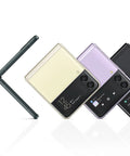 Galaxy Z Flip 3 5G Unlocked Android Cell Phone With 256GB Storage Flex Mode shown in three colors, compact design with screen visible.