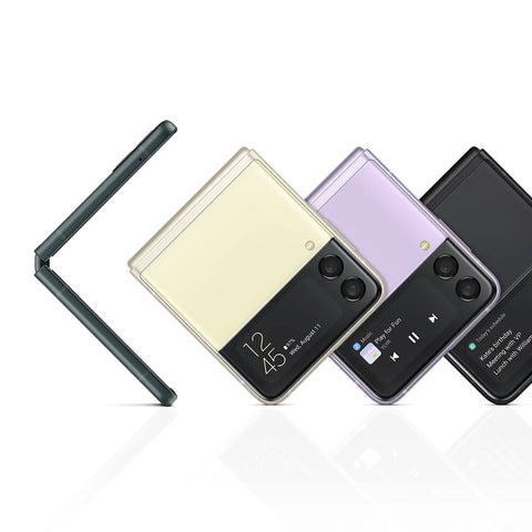 Galaxy Z Flip 3 5G Unlocked Android Cell Phone With 256GB Storage Flex Mode shown in three colors, compact design with screen visible.