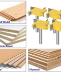 Four Piece One Quarter Inch Shank Router Bit Set For Spoilboard Surfacing And Rabbet Slot Grooving With Four Wing Cutters shown with wood types