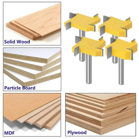 Four Piece One Quarter Inch Shank Router Bit Set For Spoilboard Surfacing And Rabbet Slot Grooving With Four Wing Cutters shown with wood types