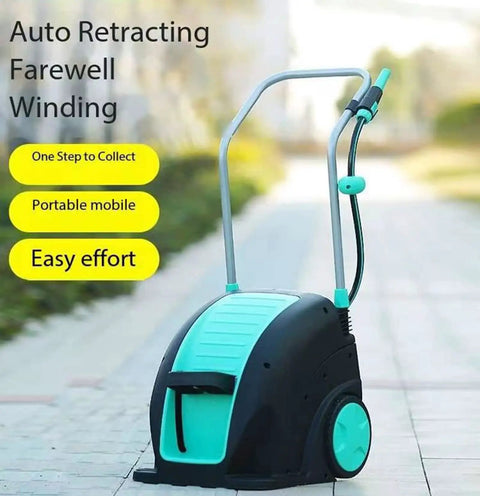 Portable Metal Hose Reel Cart With Smooth Rolling Wheels And Easy Step Operation Garden Hose Organizer on pathway.