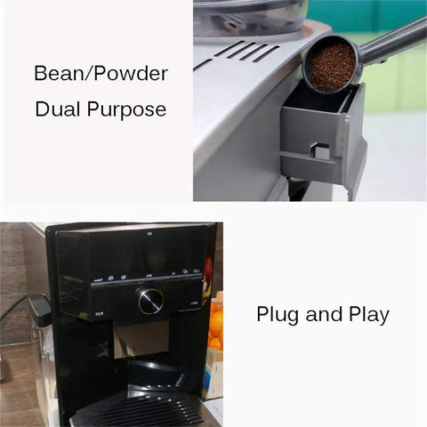 Close-up of fully automatic coffee machine with ceramic silent grinder, bean/powder option, touch panel brew system for home and office.