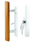 Patio Door Handle Set With Diecast Body And Wood Pull, White Finish, Mortise Lock, Keyed, Fits 3-15/16 Inch Center To Center, Single Pack