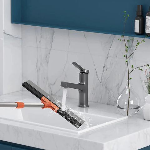 All Purpose 18 Inch Heavy Duty Floor Squeegee With Wear Resistant Rubber Blade And 62 Inch Long Stainless Steel Handle in use